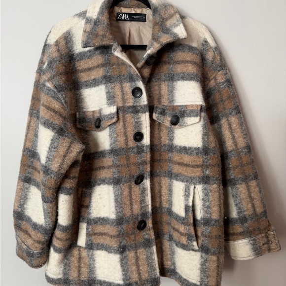 Zara Jackets & Blazers - ZARA Plaid Wool Blend Shacket Jacket XXL Oversized Beige Brown Coat